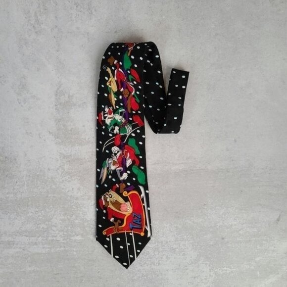 VTG 90's Looney Tunes Holiday Silk Polka Dot Tie - Picture 1 of 8